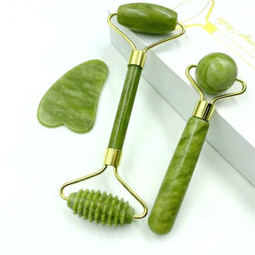 3Pcs Set Natural Jade Massage Roller Guasha Board SPA Scraper Stone